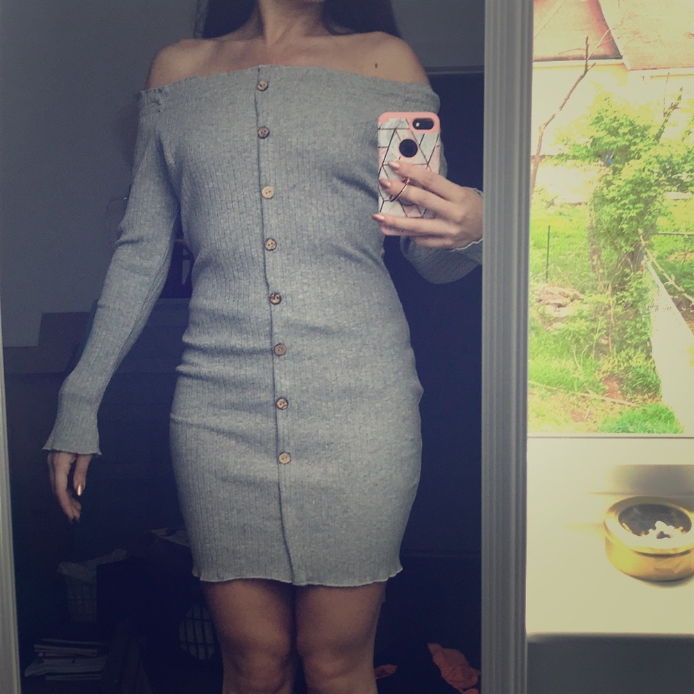 Off the shoulder, long sleeve Grey Dress